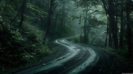 Eerily Realistic Trail In Woods Hd Desktop Wallpaper. a road winds through a dense forest in this captivating hd wallpaper. the dark green and dark gray tones create a mystical atmosphere