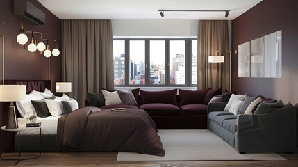 A minimalist yet luxurious bedroom featuring a large glass window overlooking a serene natural landscape, with a contemporary bed frame and chic interior design elements.