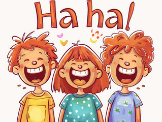 children laughing and saying "Ha ha", in a simple flat vector illustration