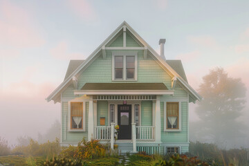 Rear perspective of a soft mint craftsman cottage with a gambrel roof, during an early morning fog, creating a serene and almost otherworldly home setting. - obrazy, fototapety, plakaty