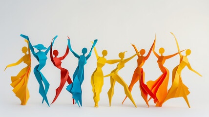 Vibrant paper art depicting a row of dancers in fluid motion, crafted in hues of blue, red, yellow, and orange, against a white backdrop.