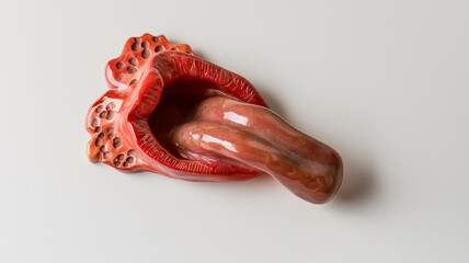 Ceramic art resembling a red pepper with textured exterior on white background.