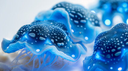 Blue jellyfish with white spots floating, showcasing underwater beauty.