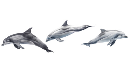 Three dolphins leaping, isolated on a white background, showcasing their grace.