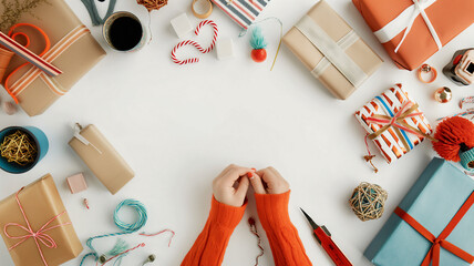 Hands wrapping gifts surrounded by wrapping materials and decorations on a white surface.