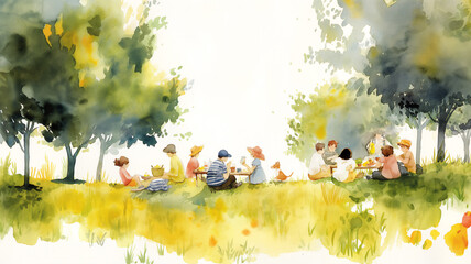 Watercolor painting of people enjoying a picnic in a park, surrounded by trees and nature.