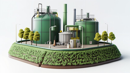 Miniature model of an industrial plant with green tanks, pipes, and surrounding trees, depicting clean energy.