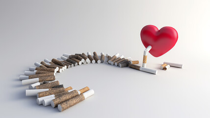 Cigarettes arranged in a domino effect leading to a heart, depicting the impact of smoking on heart health.