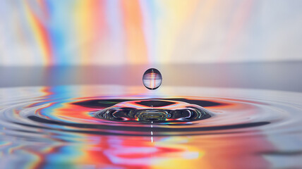 A water droplet captured in mid-air, with colorful light refractions creating a ripple effect on the water's surface.