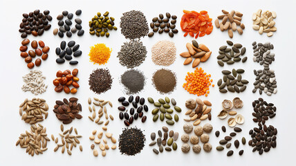 Assorted seeds and nuts neatly arranged on a white background, showcasing variety and healthy food options.