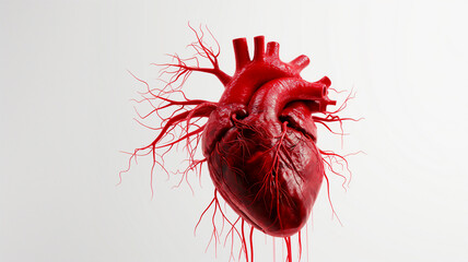 Anatomical model of a human heart with detailed arteries on a white background, highlighting the cardiovascular system.