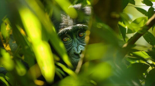 A green monkey is playfully peeking out from behind lush leaves in a tropical forest. Its curious eyes and mischievous expression add a sense of spontaneity to the scene.