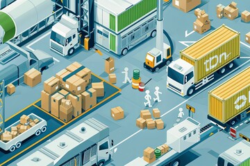 A large warehouse filled with numerous stacked boxes representing a reverse logistics process, showcasing the movement and storage of products. Generative AI