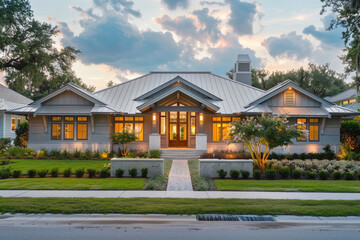 The front aspect of a sleek silver craftsman cottage style house, with a triple pitched roof, elegant landscaping, a direct sidewalk, and sophisticated curb appeal.