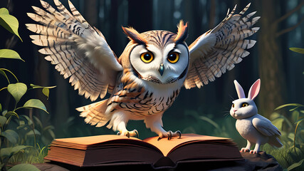 is a book story for children with the following refrain Each challenge is a lesson to learn With cunning and friendship you will progress Luna the owl, keen vision is flying Oliver the rabbit, with ju - obrazy, fototapety, plakaty