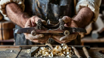 Fotobehang The rough hands of a carpenter hold a set of woodworking planes each with a specific purpose in shaping and smoothing wood. These tools are a finely honed extension of the artisans . © Justlight