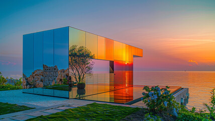 Ultra-modern beachfront villa with a mirror-like facade that reflects the changing colors of the sea throughout the day.