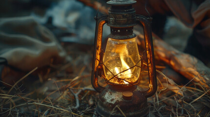 A battered oil lamp its wick blackened from constant use illuminates the simple but fulfilling evenings spent around the ranch hands campfire. . - obrazy, fototapety, plakaty