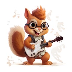 Cute cartoon squirrel playing electric guitar. Vector illustration isolated on white background.