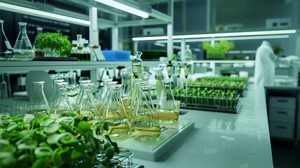a biotech lab working on sustainable bioenergy solutions, highlighting algae cultivation and biofuel production systems 32k,