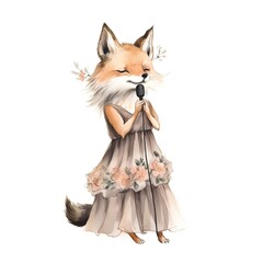 Watercolor illustration of a fox in a beautiful dress with a microphone