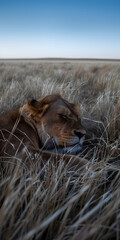 Leão Descansando na Savana Gramada