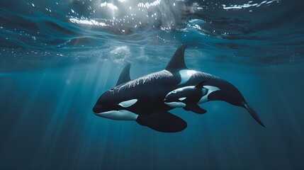 Killer Whale orcinus orca Female with Calf hd 8k wallpaper   - obrazy, fototapety, plakaty