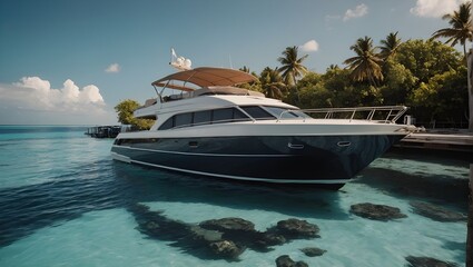 Resort's private boat is landed in a harbor for picking up their guest during September trip in Maldives. Ai Generative.