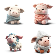 Four Adorable Cartoon Pigs Dressed in Cozy Winter Attire on Transparent Background