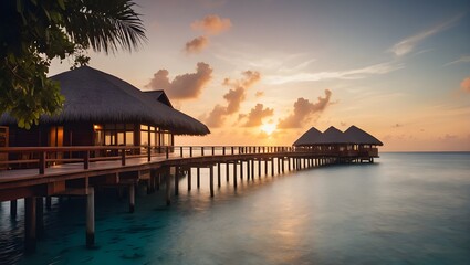 the entrance bridge of five star luxury resort in Maldives with a restaurant and water villa facade under the beautiful sunset sky. Ai Generative.