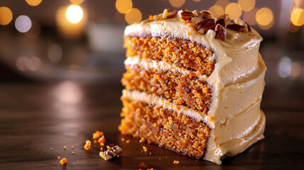 A slice of rich, moist carrot cake, with creamy frosting and a sprinkle of chopped nuts on top.