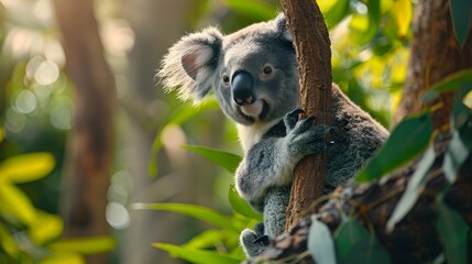 Naklejka premium Koala Bear Sit On The Branch of the tree and eat leaves 4K Wallpaper closeup 