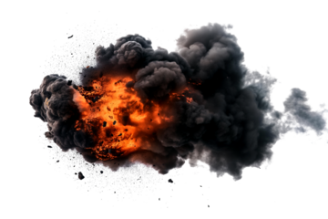 Bomb explosion with billowing black smoke isolated on a transparent background