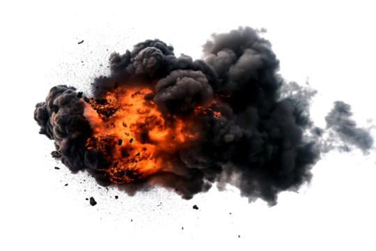 Bomb explosion with billowing black smoke isolated on a transparent background