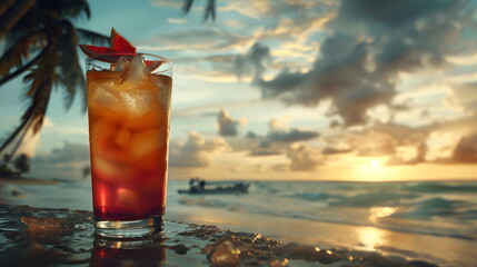 Summer alcoholic drink close-up on the beach background.