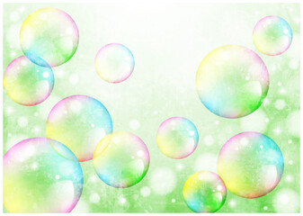 シャボン、バブル、泡、グリーン、かわいい、イラスト、背景、水彩