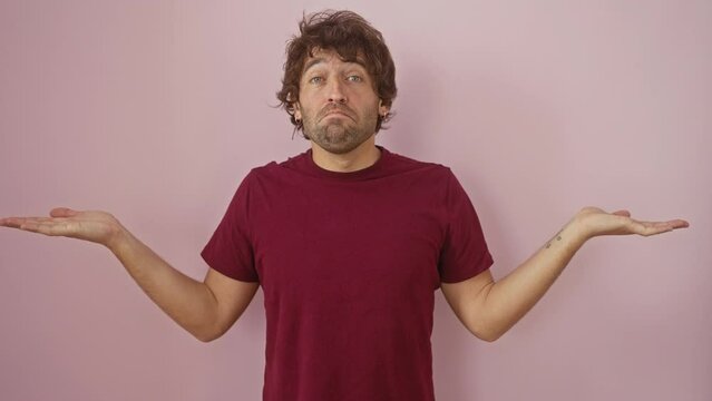 Clueless young hispanic man in pink background - puzzled expression, arms up, t-shirt wearing guy in doubt, ignorant to answer, emotionally ambiguous