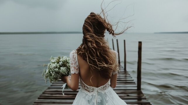 A woman stands at the edge of a dock back to the camera as gazes out at the water. hair is blowing in the breeze and . .