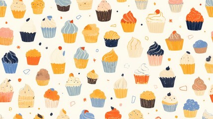 A delightful hand drawn doodle illustration of cupcakes creates a charming pattern on various backgrounds in sweet shades like white black orange blue and yellow all with a waterco