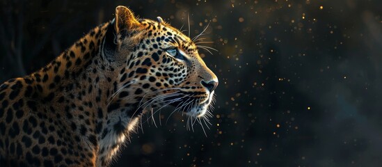 Close-up image of a leopard's face drenched in a multitude of water droplets, highlighting its features and texture