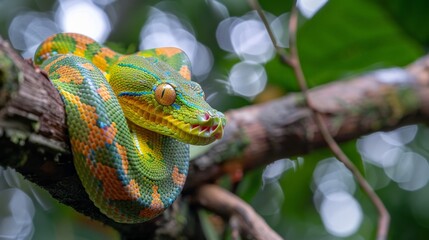 Obraz premium Arboreal emerald tree boa coiled around a tree branch in the rainforest