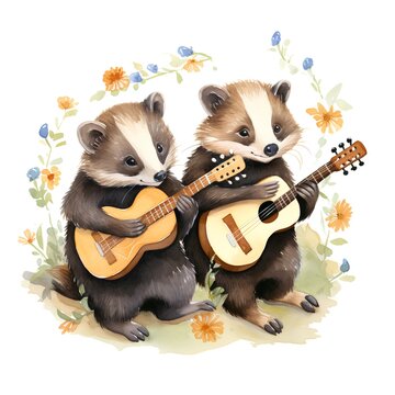 Watercolor illustration of a pair of badgers playing guitar and singing