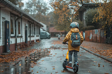 A boy with a backpack in a helmet rides an electric scooter.