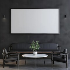 Mockup of an empty poster frame in a living room with all black shades and decorative green plants, 3D render