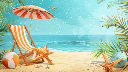 Fototapeta na wymiar Starfish near a striped chaise longue and an umbrella on the seashore.