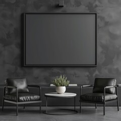 modern living room design in black shades with empty frame on dark background, 3d render