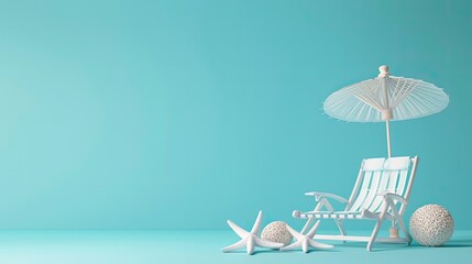 A white chaise longue with an umbrella and starfish on a blue background.