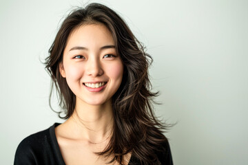 Naklejka premium Beautiful studio portrait of young, stylish asian woman, long hair, smiling and looking at camera with confidence on white background