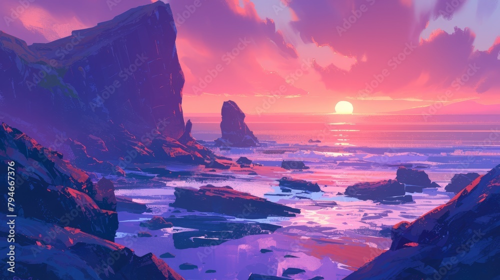 Canvas Prints A vibrant cartoon 2d artwork captures the breathtaking beauty of a landscape at dawn or dusk Picture a stunning scene with the sun rising or setting over the ocean painting the sky with hues