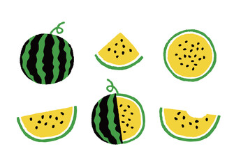 かわいい黄色いスイカのイラストセット_Cute yellow watermelon illustration set